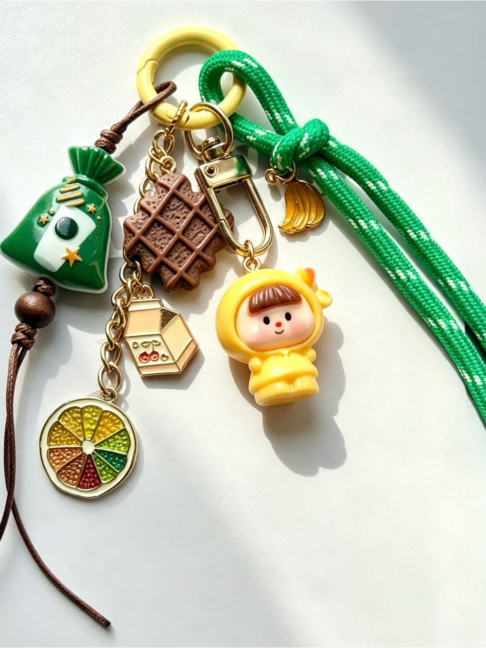 Cute Yellow Doll Keychain Charm with Green Accents